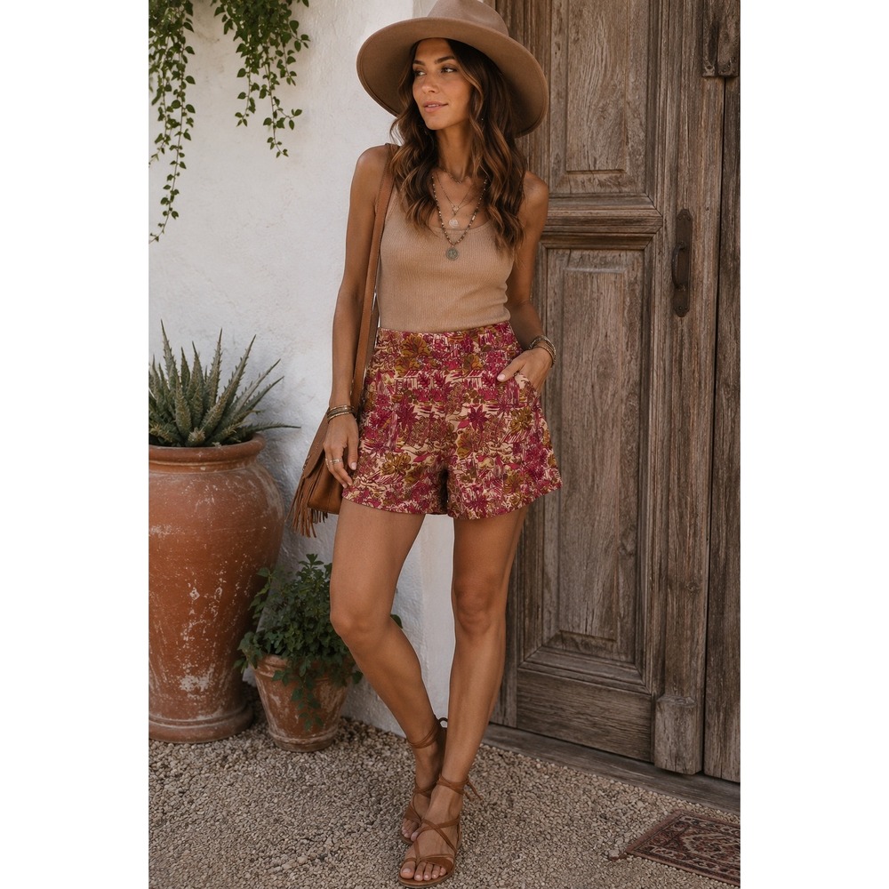 Joie Pink Tropical Print Linen Blend High Rise Shorts Size Small Elastic Back